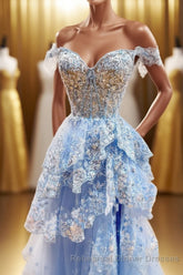 Off the Shoulder Light Blue Appliques Tiered Semi Formal Prom Gown